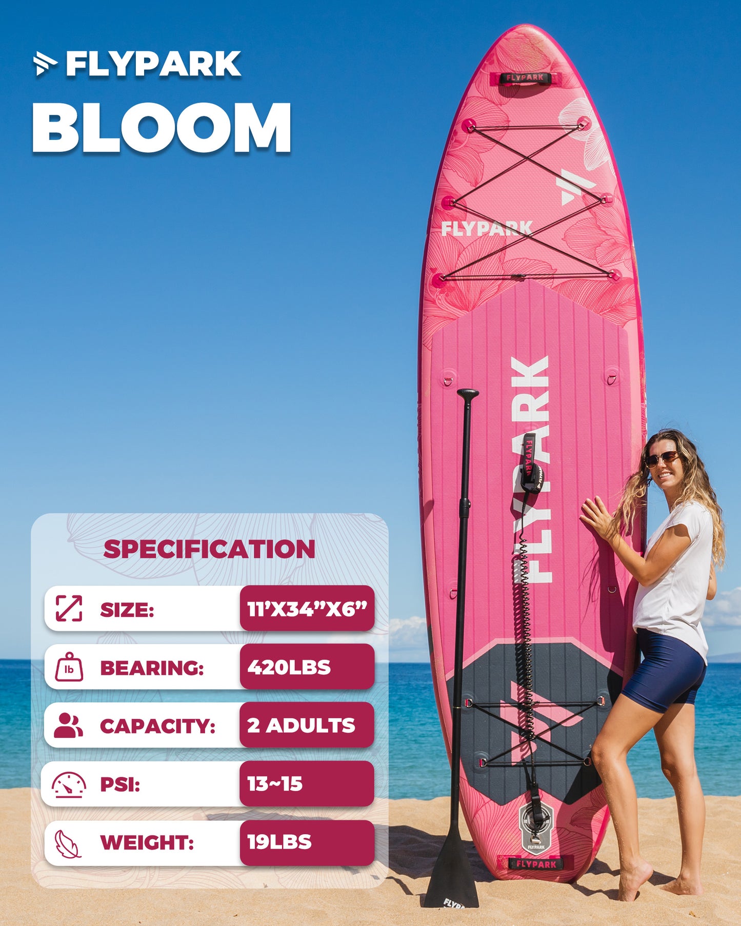 Flypark 11'x34 Inflatable Paddle Boards, Bloom Pink