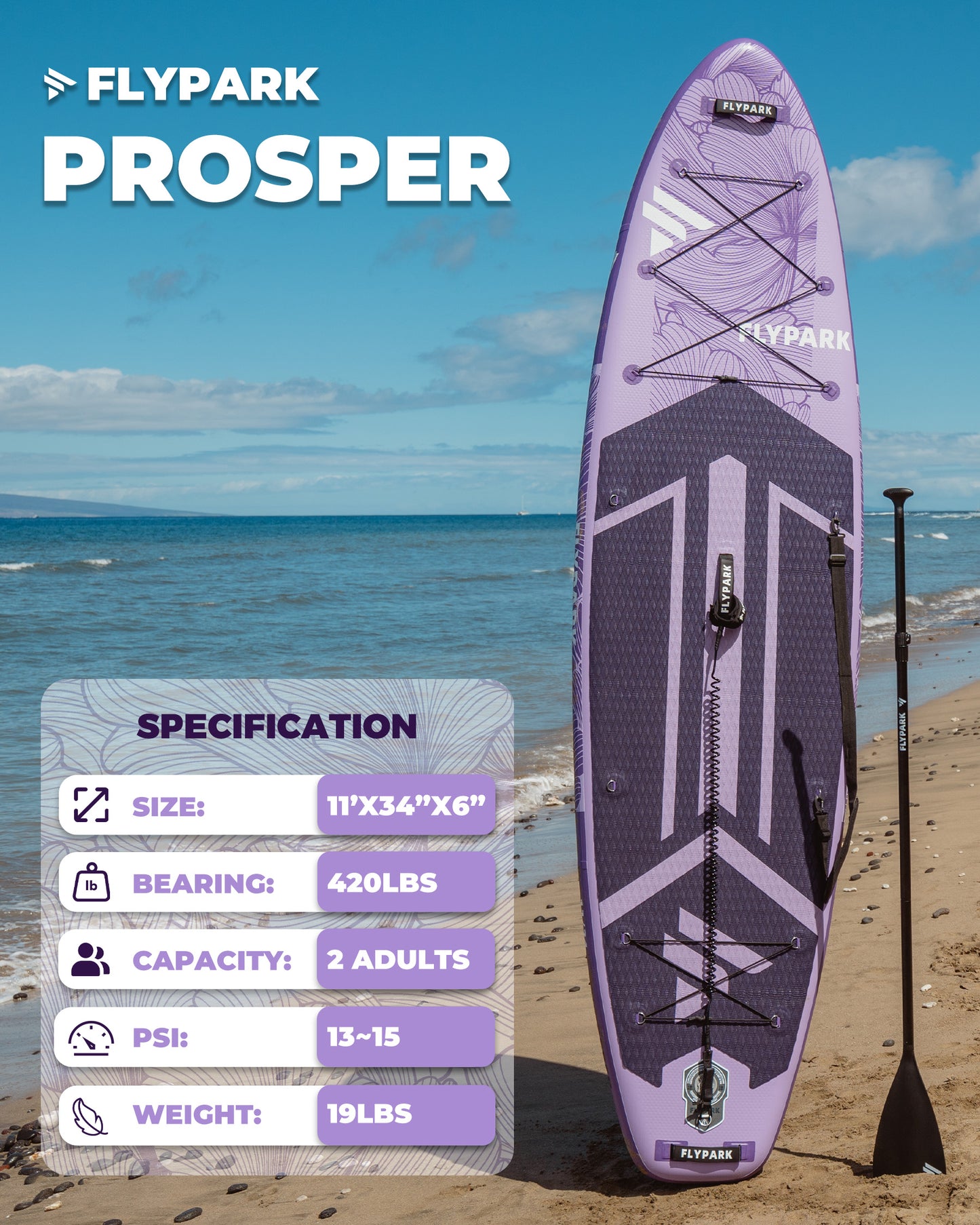 Flypark 11'x34 Inflatable Stand Up Paddle Boards, Prosper Purple